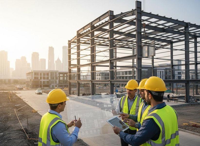 Construction Team Reviewing Digital Blueprints On-Site