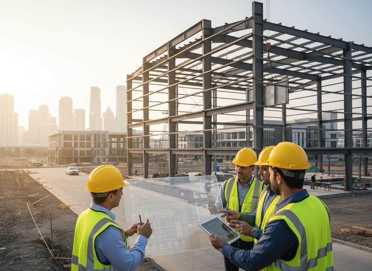 Construction Team Reviewing Digital Blueprints On-Site