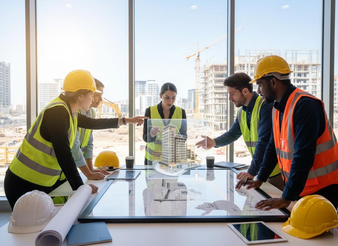 Diverse construction team uses holographic technology to review building plans