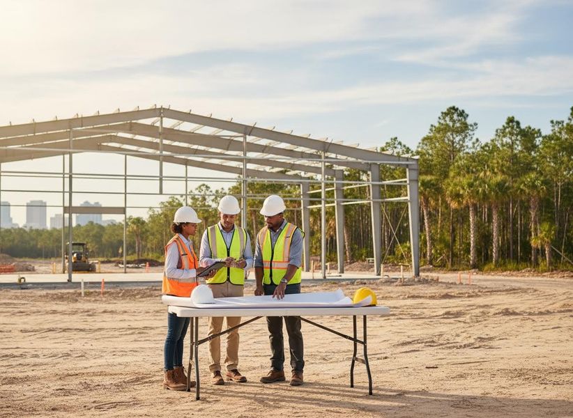 Three construction professionals in hard hats and safety vests discuss plans on a table at a dirt construction site with a steel building frame. Construction team reviewing blueprints at a building site