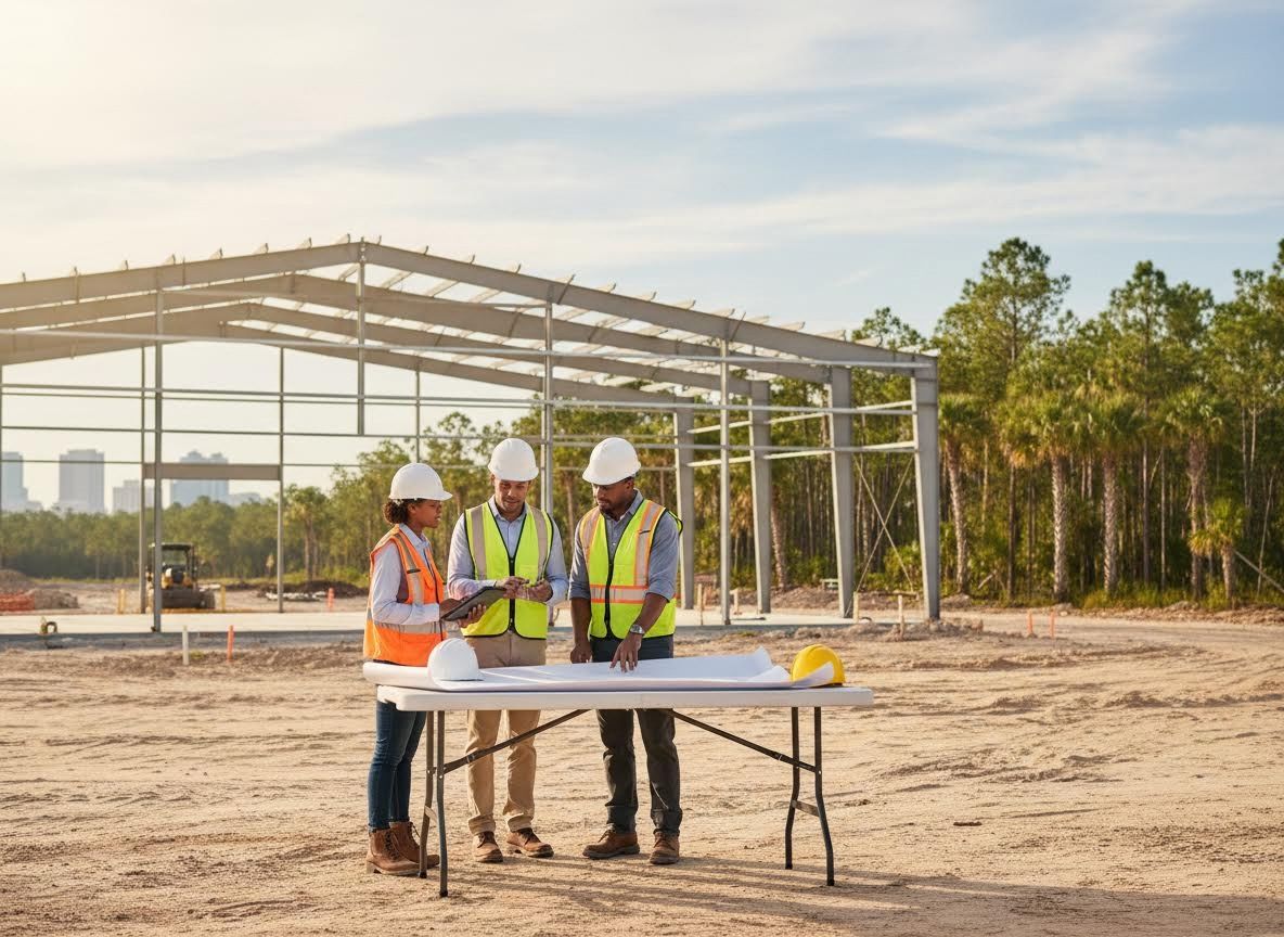 Construction team reviewing blueprints at a building site