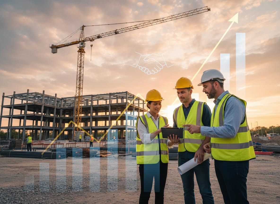 Construction workers reviewing project plans with growth charts