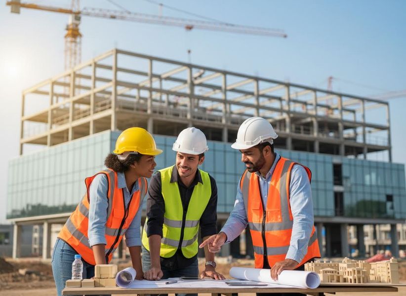 Construction Team Discussing Blueprints at Building Site