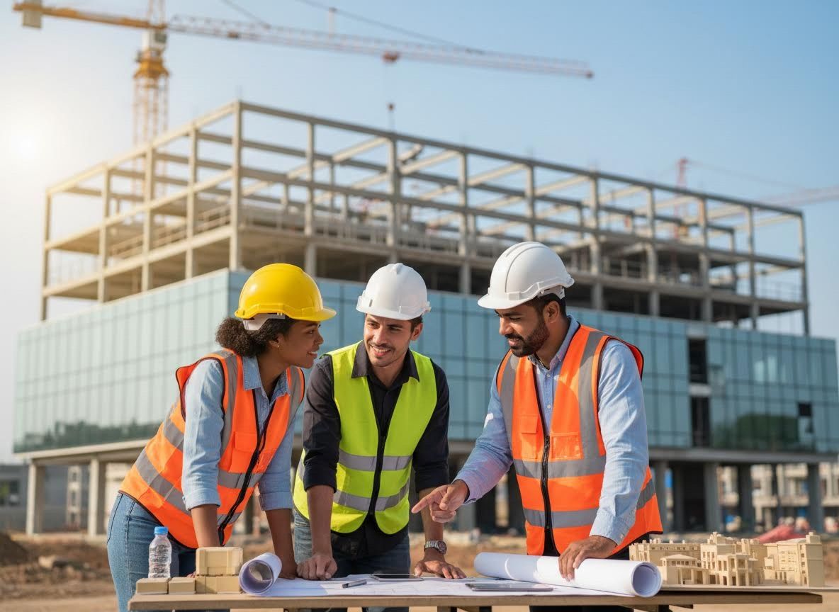 Construction Team Discussing Blueprints at Building Site
