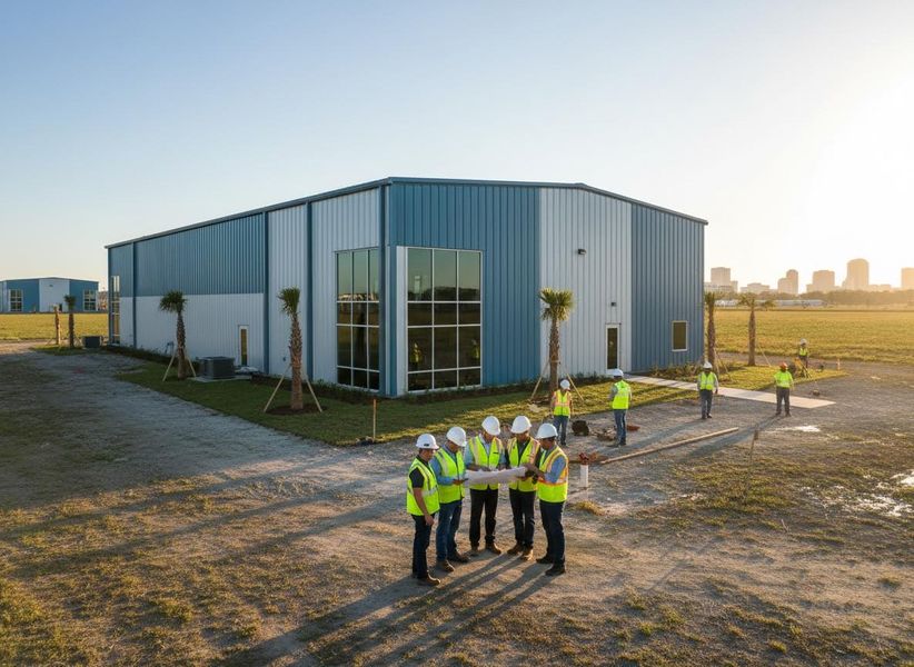 Construction team reviewing plans outside a new industrial building