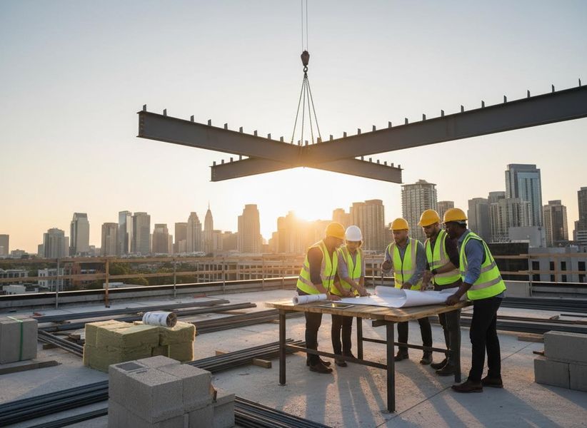 Construction Team Reviewing Plans on Rooftop at Sunset