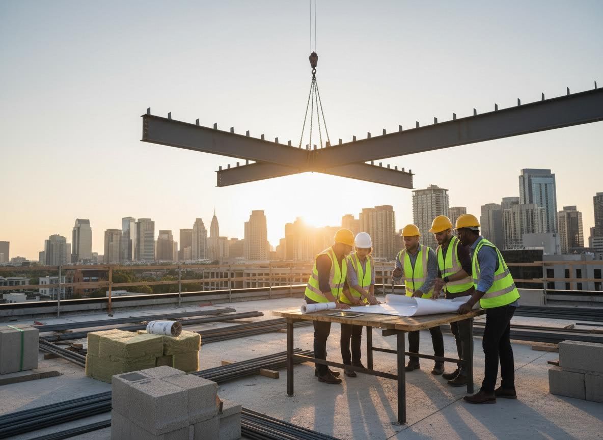 Construction Team Reviewing Plans on Rooftop at Sunset
