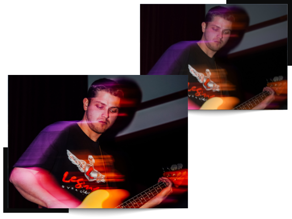 before and after photos of a bass player