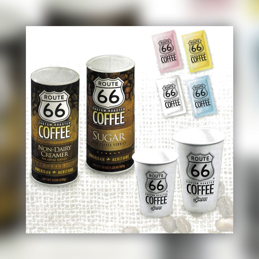 Route 66 sugar, to-go coffee mugs, and other accompaniments. 