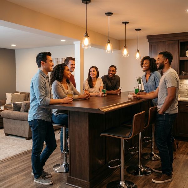 Friends gathering around a custom bar in a renovated basement