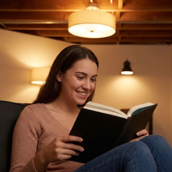 Smiling young woman comfortably reading a book under warm, layered basement lighting.