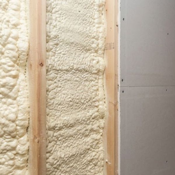 Close-up of high-quality closed-cell spray foam insulation and drywall being installed