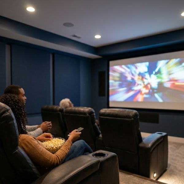 Adults relaxing in plush leather recliners, enjoying a movie in a cozy, dimly lit, dedicated home theater room in a finished Columbus basement.