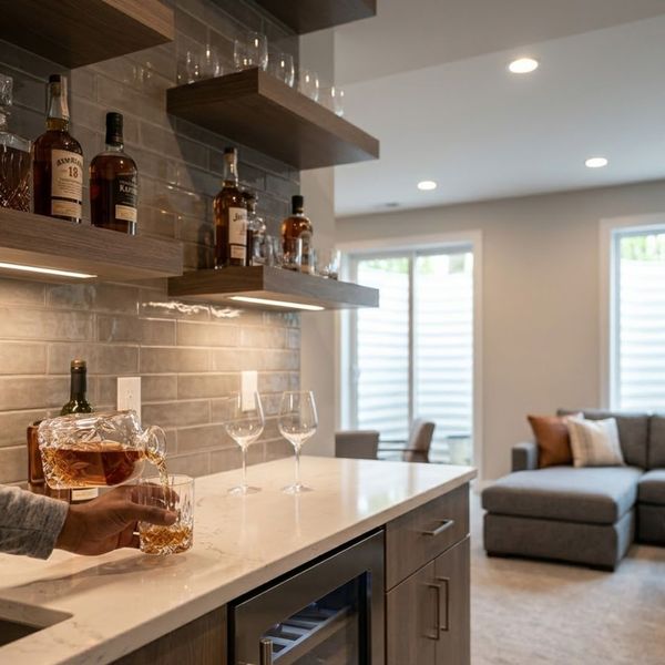 A detailed close-up shot of a hand filling a crystal glass at a sophisticated wet bar featuring floating shelves and integrated lighting in a modern Columbus basement.