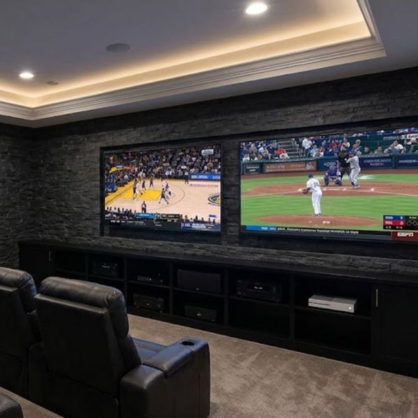 basement with multiple tv screens 