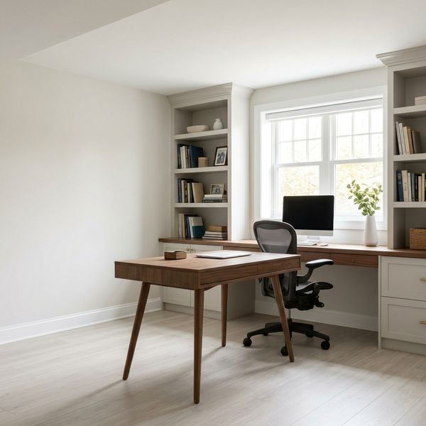 Home office set up in a bright finished basement