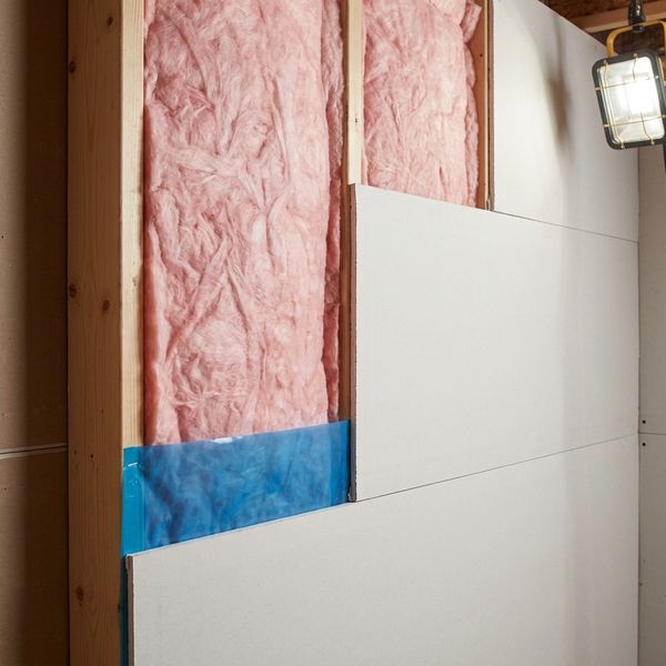 Close-up of insulation being installed behind new basement drywall