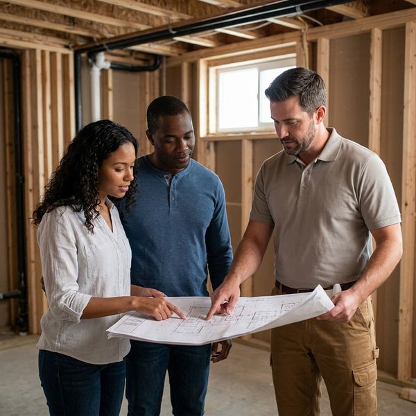 Contractor reviewing blueprint with clients in unfinished basement