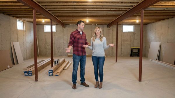 couple standing and gesturing with slight confusion in an open-plan basement construction zone