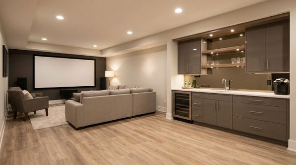 Modern finished basement with home theater and bar.
