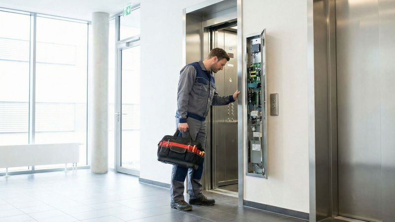 A professional technician in a uniform inspects a modern elevator control panel in a well-lit lobby.