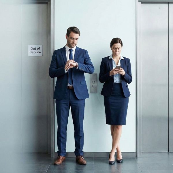business people waiting impatiently for elevator to open. Out of service sign on one door
