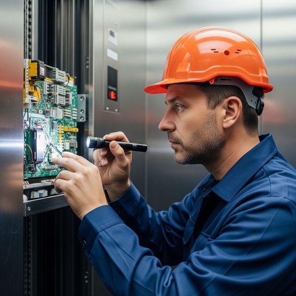 certified elevator technician inspecting an elevator control panel