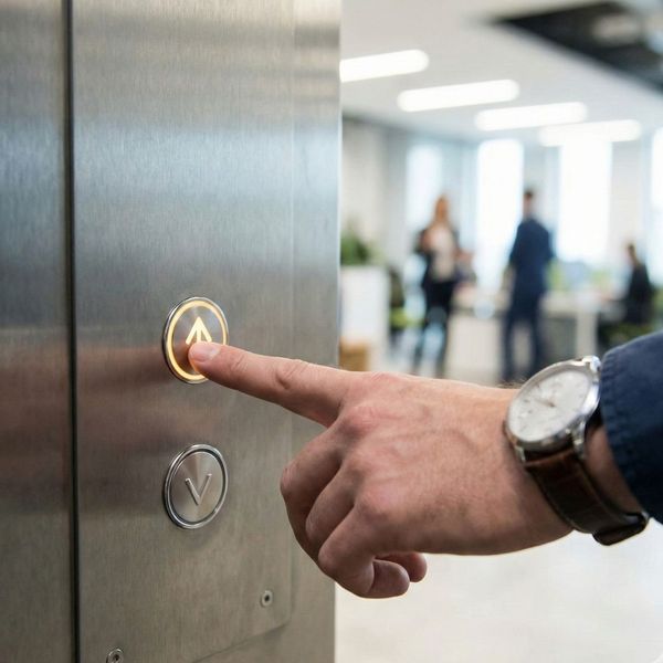 a person's hand pressing an elevator call button in a busy office building.