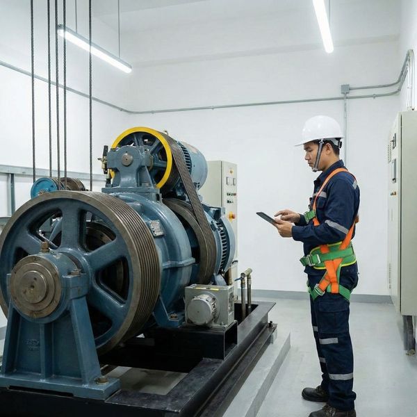 technician working on the complex machinery in an elevator machine room.