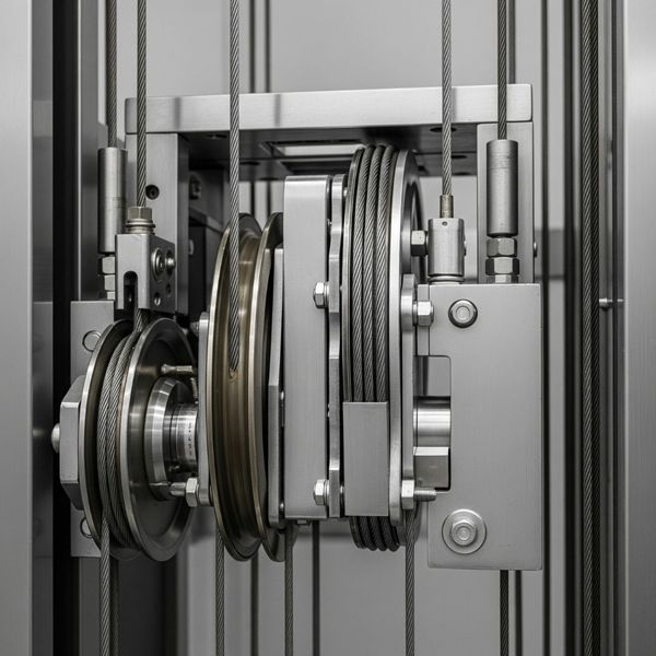 close-up of a well-maintained elevator pulley and cable system
