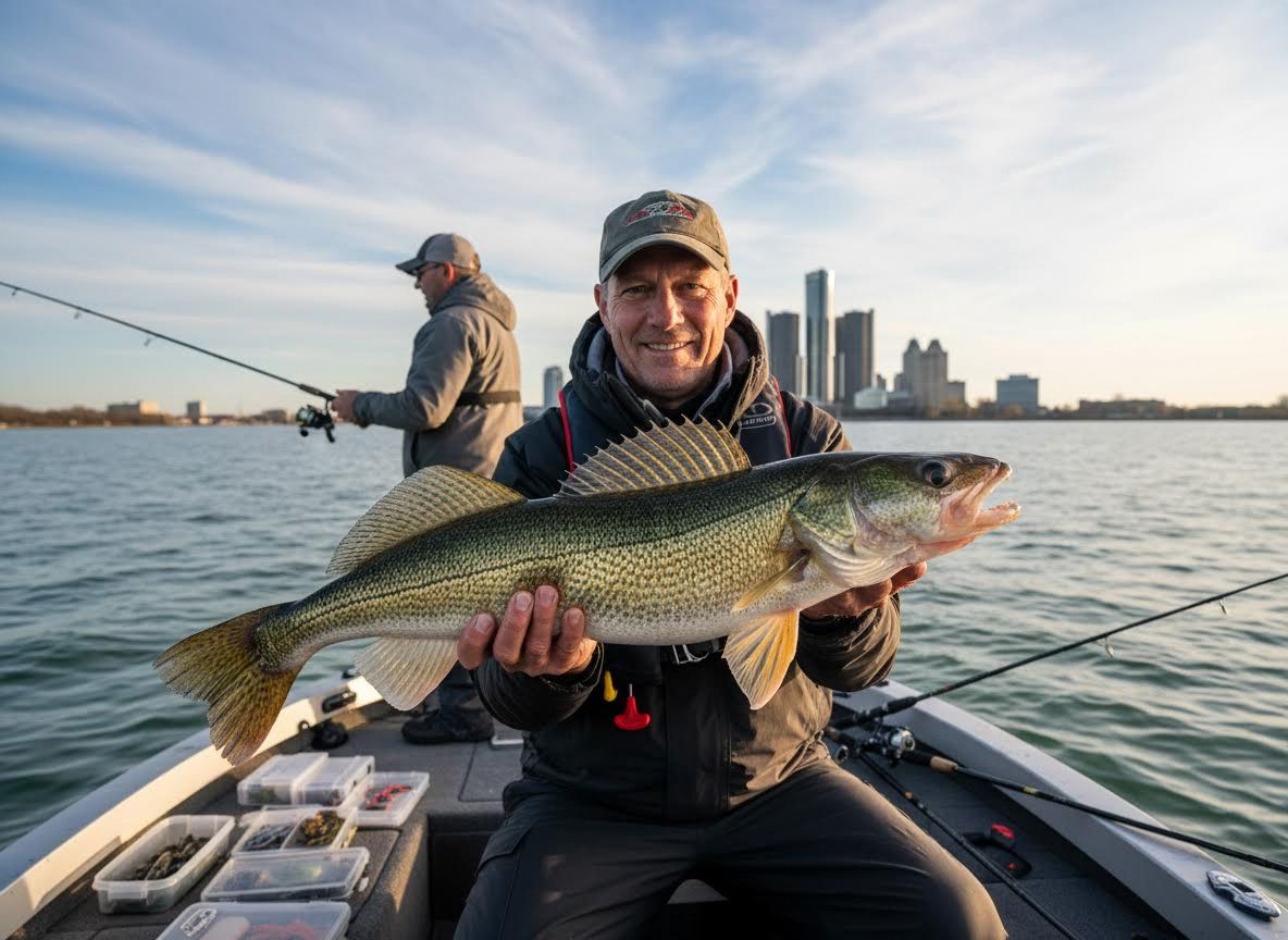 Happy Fisherman Holds Large Walleye on Water