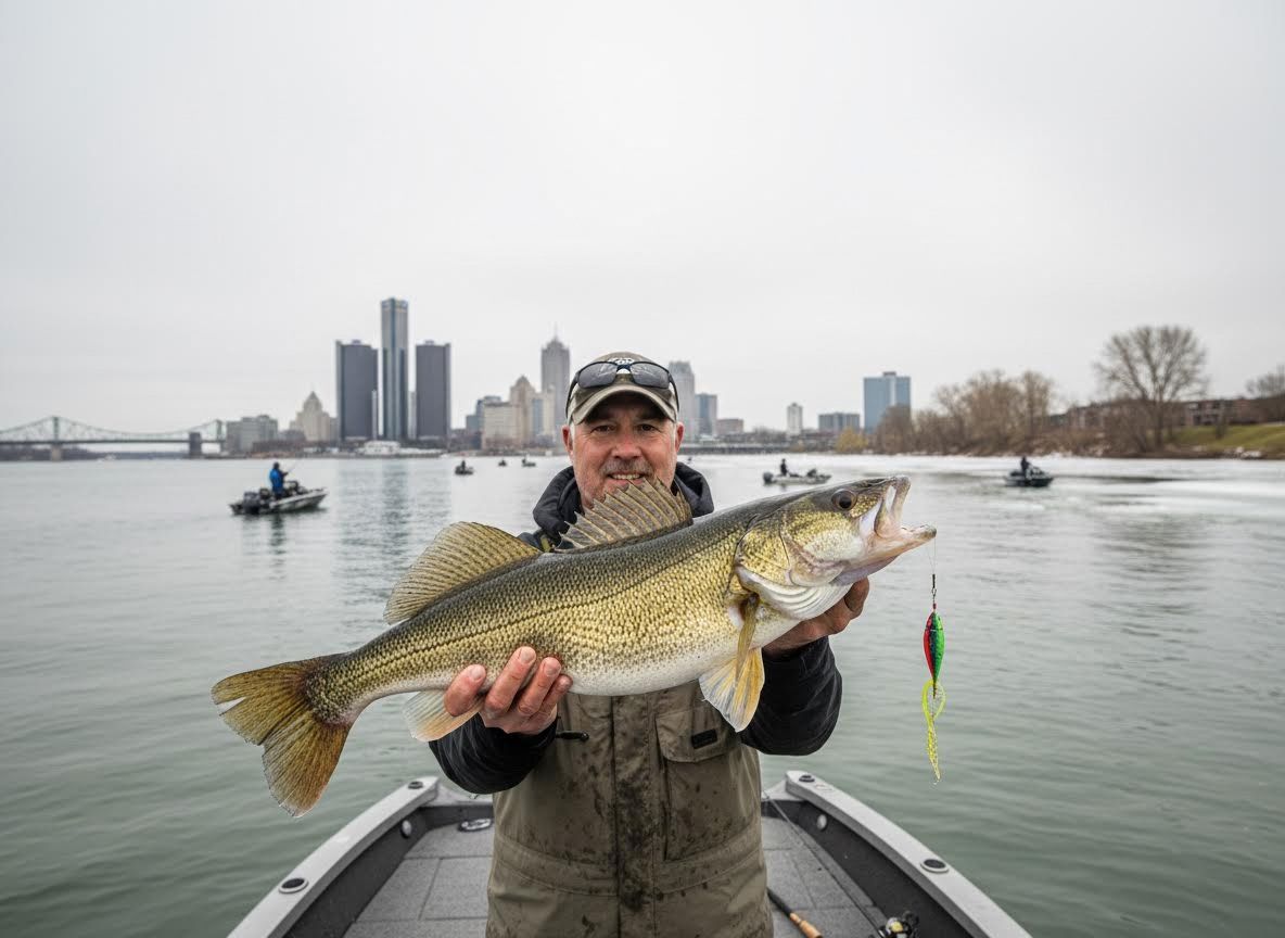 Man holding a walleye fish on a boat