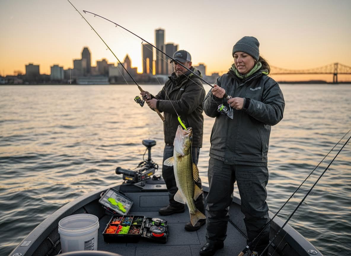 Couple Fishing for Walleye with City Skyline at Sunset
