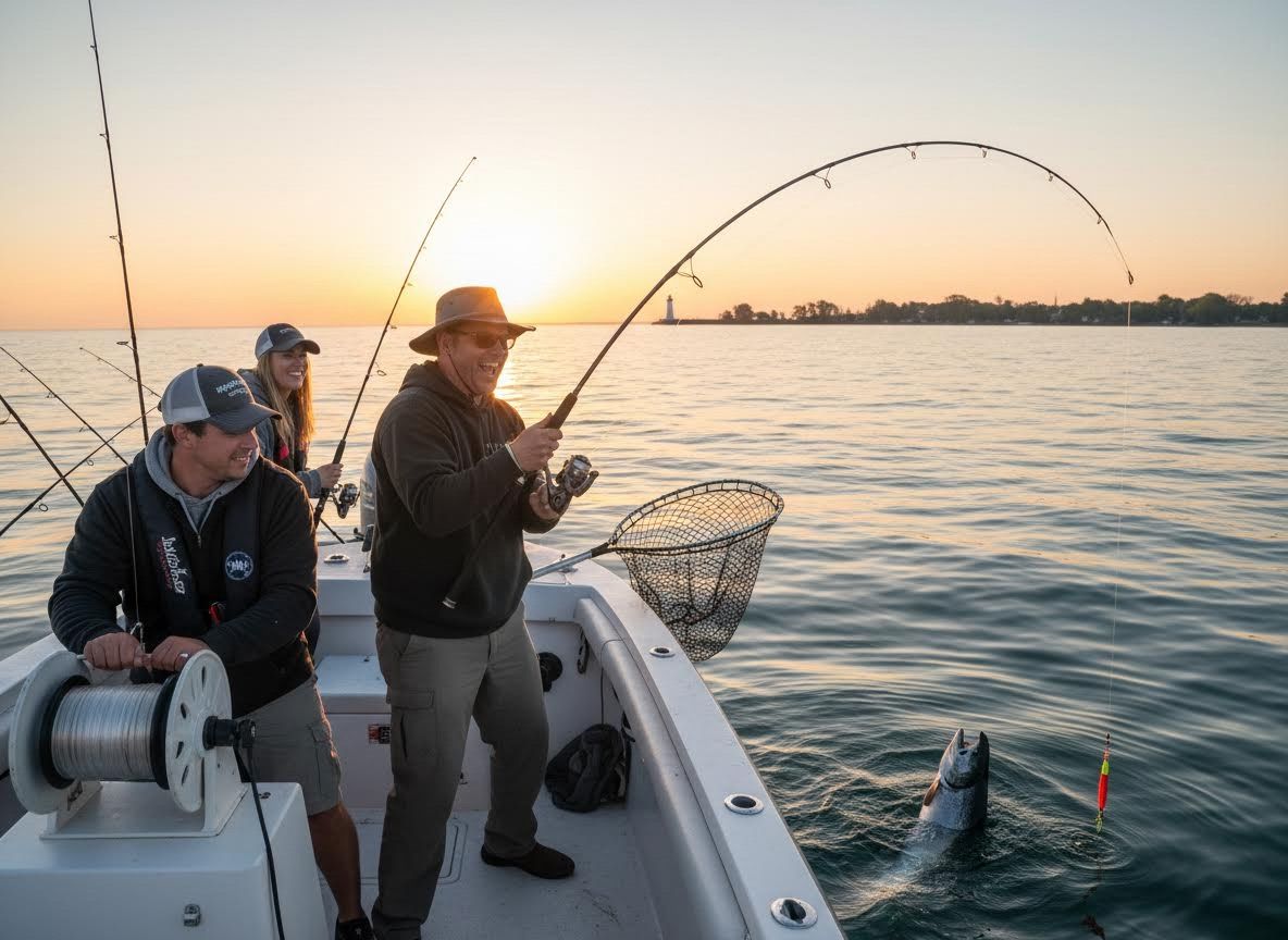Friends Fishing on a Boat at Sunset
