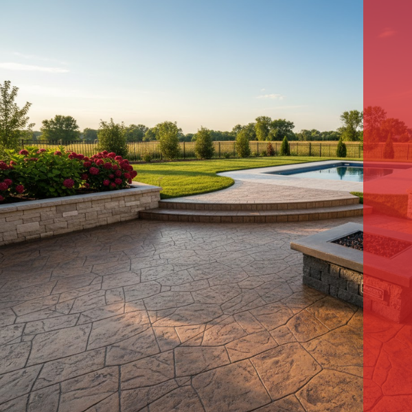 A wide-angle view of a completed high-end residential backyard featuring a custom ashlar slate stamped concrete patio with rich coloring and a professional high-gloss sealant finish.