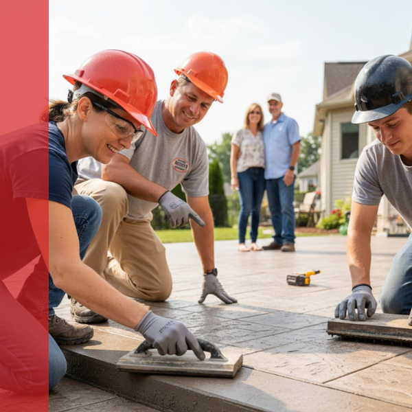 Professional Marrocco's Stamped Concrete crew members in safety gear meticulously hand-applying texture and detail to a fresh decorative concrete patio in Baltimore.