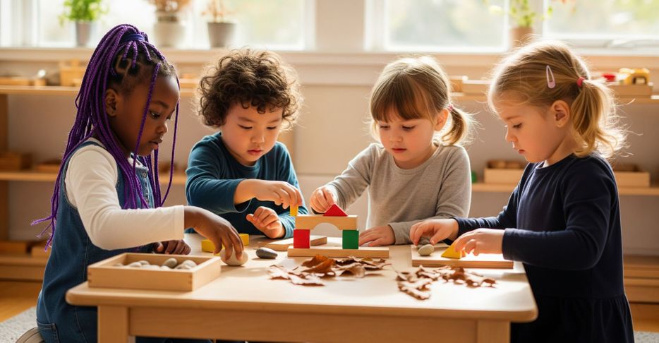 A diverse group of young children in a sunlit classroom, focused with curiosity on a hands-on learning activity at a low wooden table.