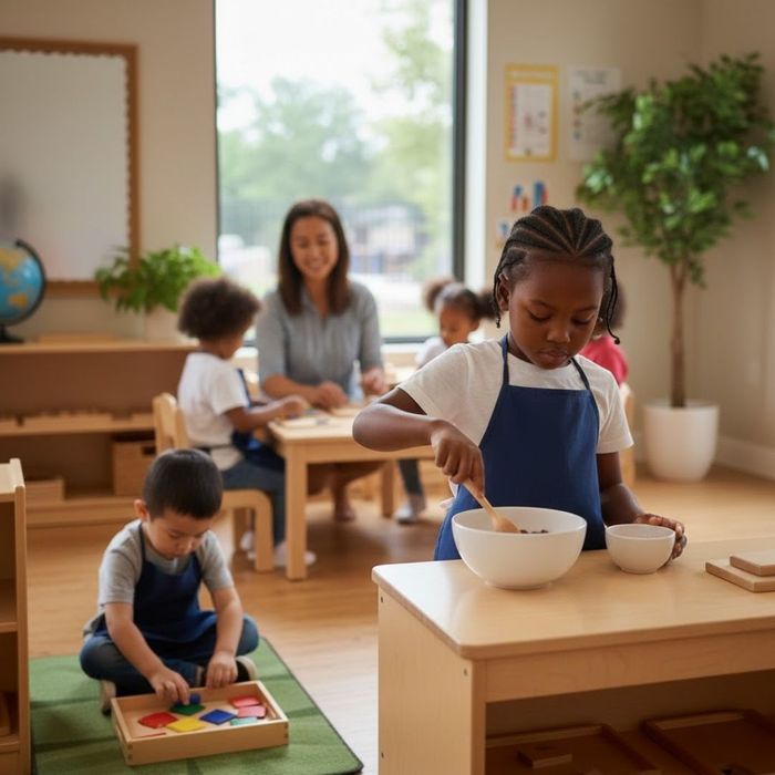 A young child at a Montessori daycare practicing practical life skills by pouring water independently at a child-sized station