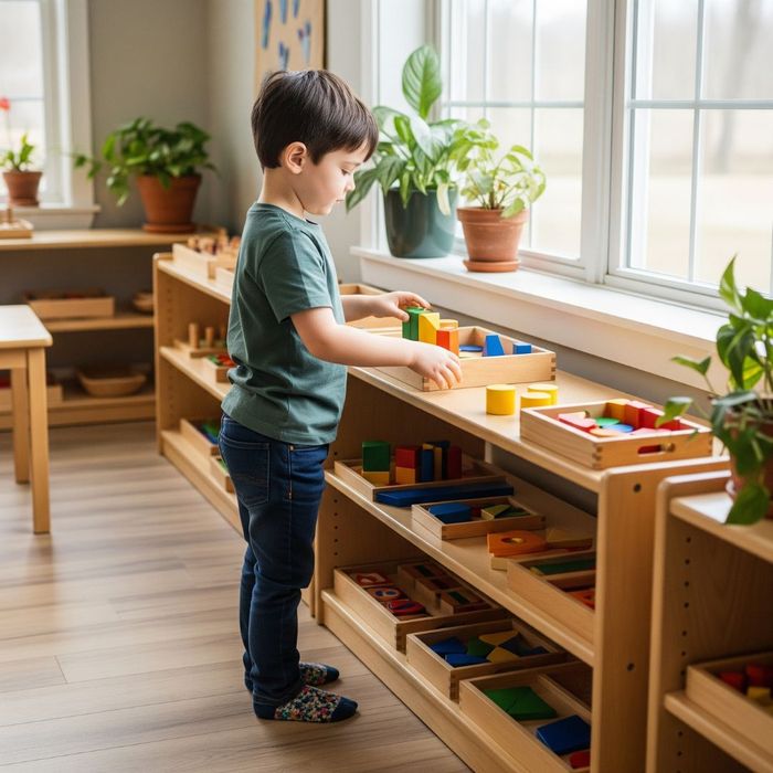 A young boy takes responsibility by carefully putting his learning materials back on the shelf, demonstrating independence in the classroom. A young boy takes responsibility by carefully putting his learning materials back on the shelf, demonstrating independence in the classroom.