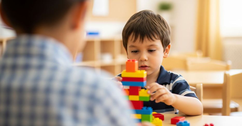 Two young students work on different, individual activities at the same table, showcasing the Montessori principle of honoring each child's unique interests.