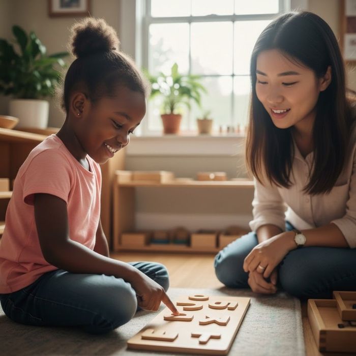 A Montessori guide gently observing a preschooler focusing intently on a tactile alphabet lesson in a nurturing classroom environment