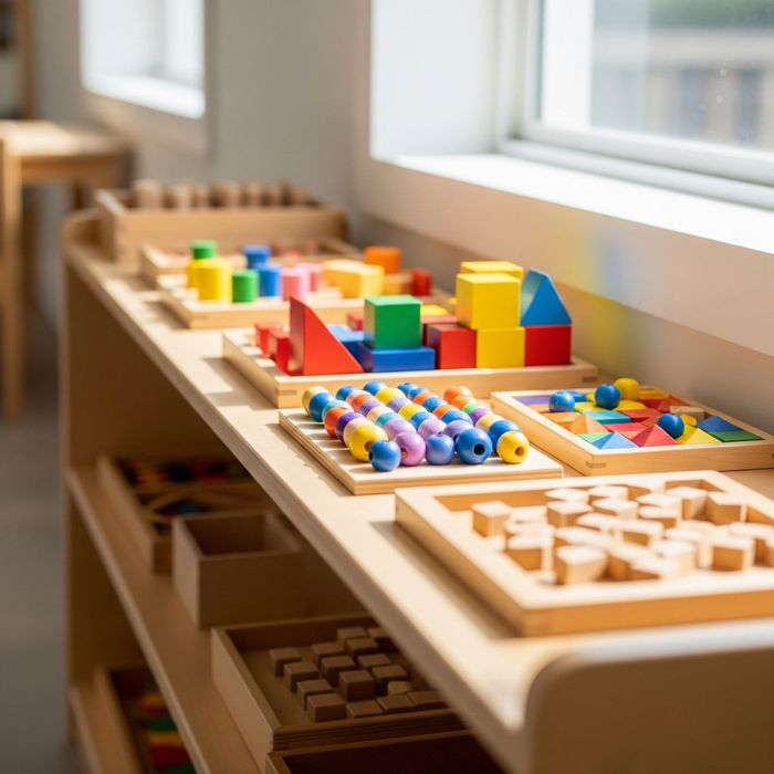 A close-up view of a neatly organized classroom shelf with various colorful Montessori learning materials ready for discovery. A close-up view of a neatly organized classroom shelf with various colorful Montessori learning materials ready for discovery.