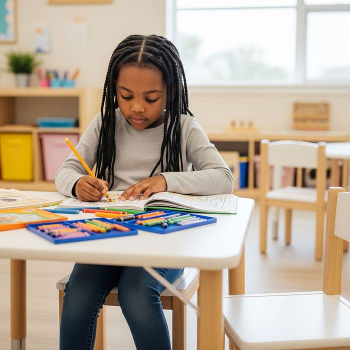 A young girl works comfortably at a child-sized table and chair, showing a classroom environment built specifically for children. A young girl works comfortably at a child-sized table and chair, showing a classroom environment built specifically for children.