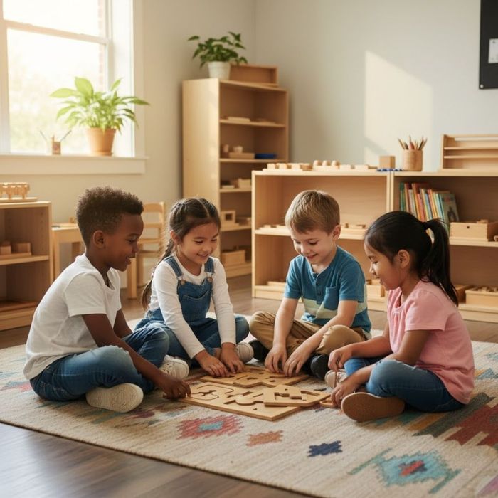  group of happy children playing together in a sunlit, organized classroom at a premier daycare center