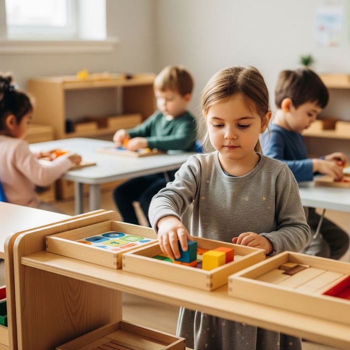 A young girl in a Montessori school independently selecting an educational activity from a well-organized shelf, illustrating the principle of child-led learning. A young girl in a Montessori school independently selecting an educational activity from a well-organized shelf, illustrating the principle of child-led learning.