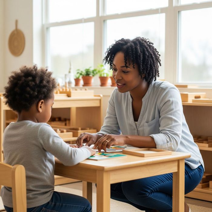 A teacher kneels to gently guide a young student with an educational activity, representing the supportive 'guide on the side' role in a Montessori school. A teacher kneels to gently guide a young student with an educational activity, representing the supportive 'guide on the side' role in a Montessori school.