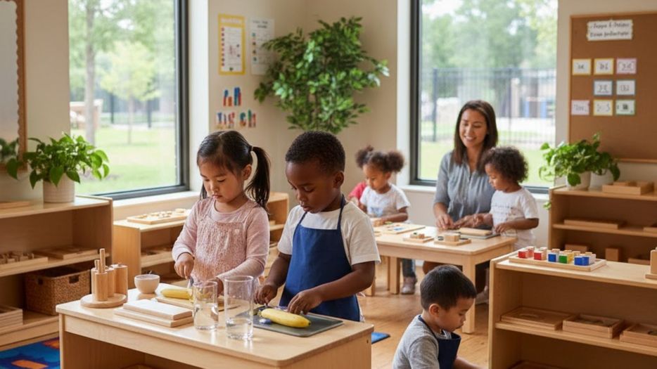 A bright, modern Montessori classroom in Cypress, TX, featuring diverse children engaged in self-directed learning activities with natural wood materials