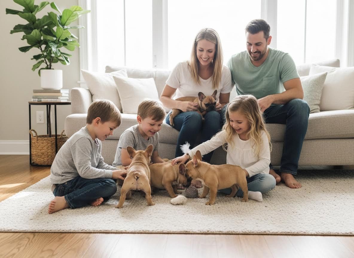 Happy Family Playing with French Bulldog Puppies