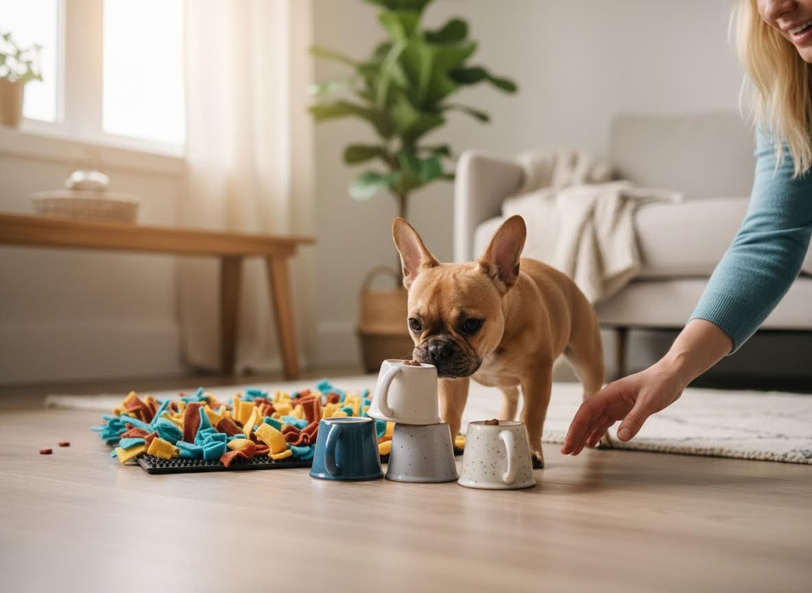 French Bulldog playing with puzzle feeder cups and a snuffle mat
