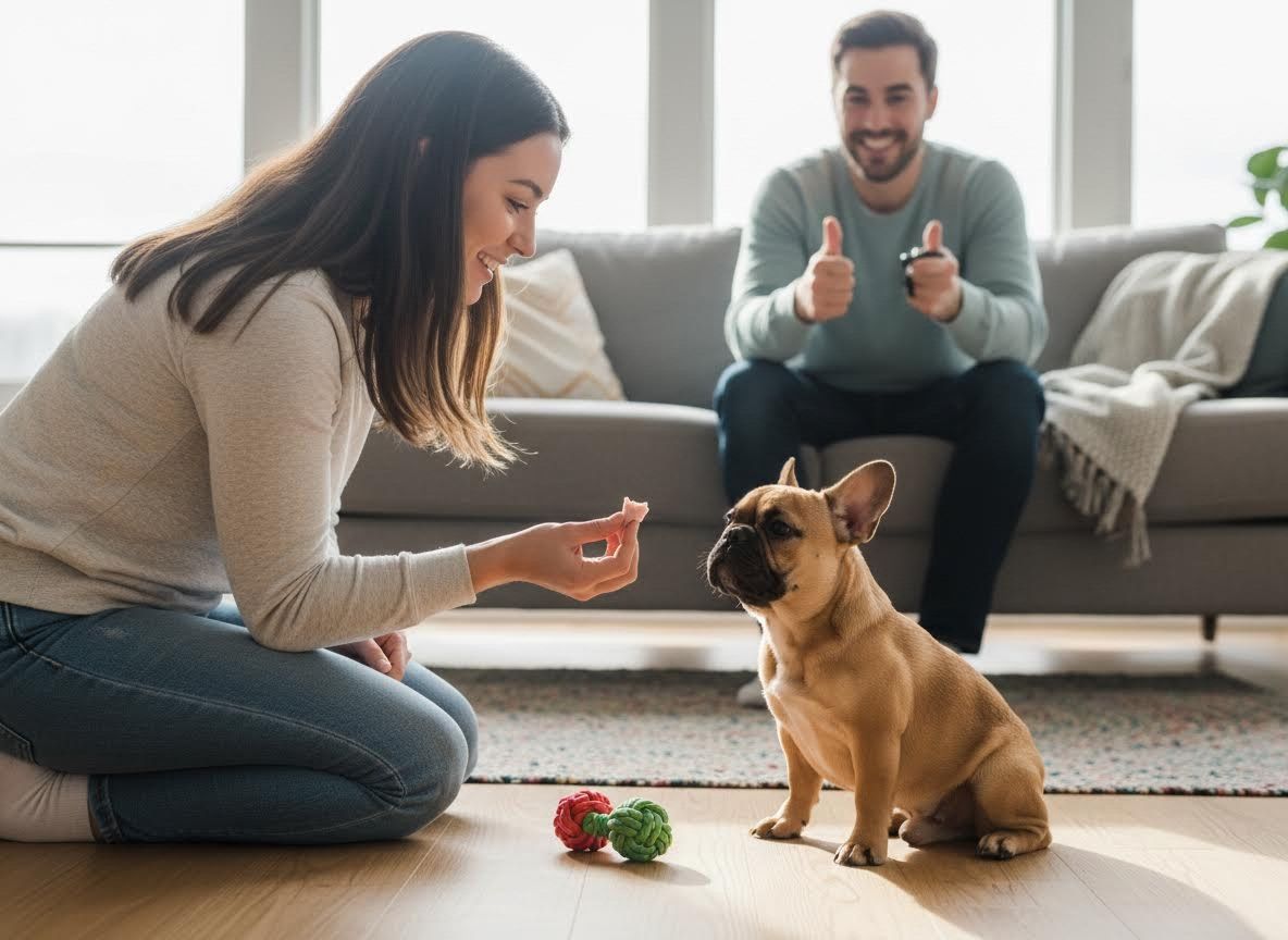 Woman and Man Training French Bulldog
